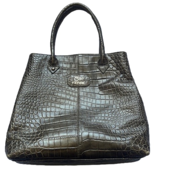 Gianfranco Ferre Croc Embossed Leather Tote - Picture 1 of 12
